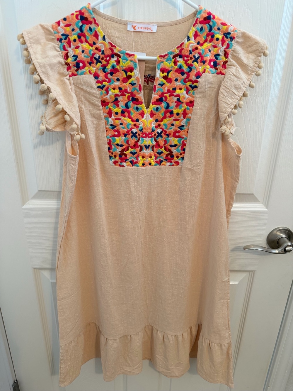 NWT Kirundo Embroidered Beige Pom-Pom Shift Dress ~ Size Medium